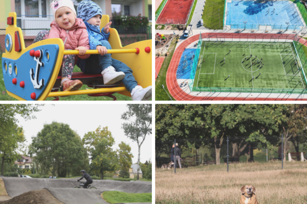 Kolaż zdjęć inwestycji zrealizowanych z KBO, dwoje dzieci na placu zabaw, boisko z lotu ptaka, Pumptrack i wybieg dla psów