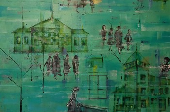 Jeden z obrazów Anny Tyszewicz-Obary, sylwetki ludzi, szkice budynków na zielonym tle