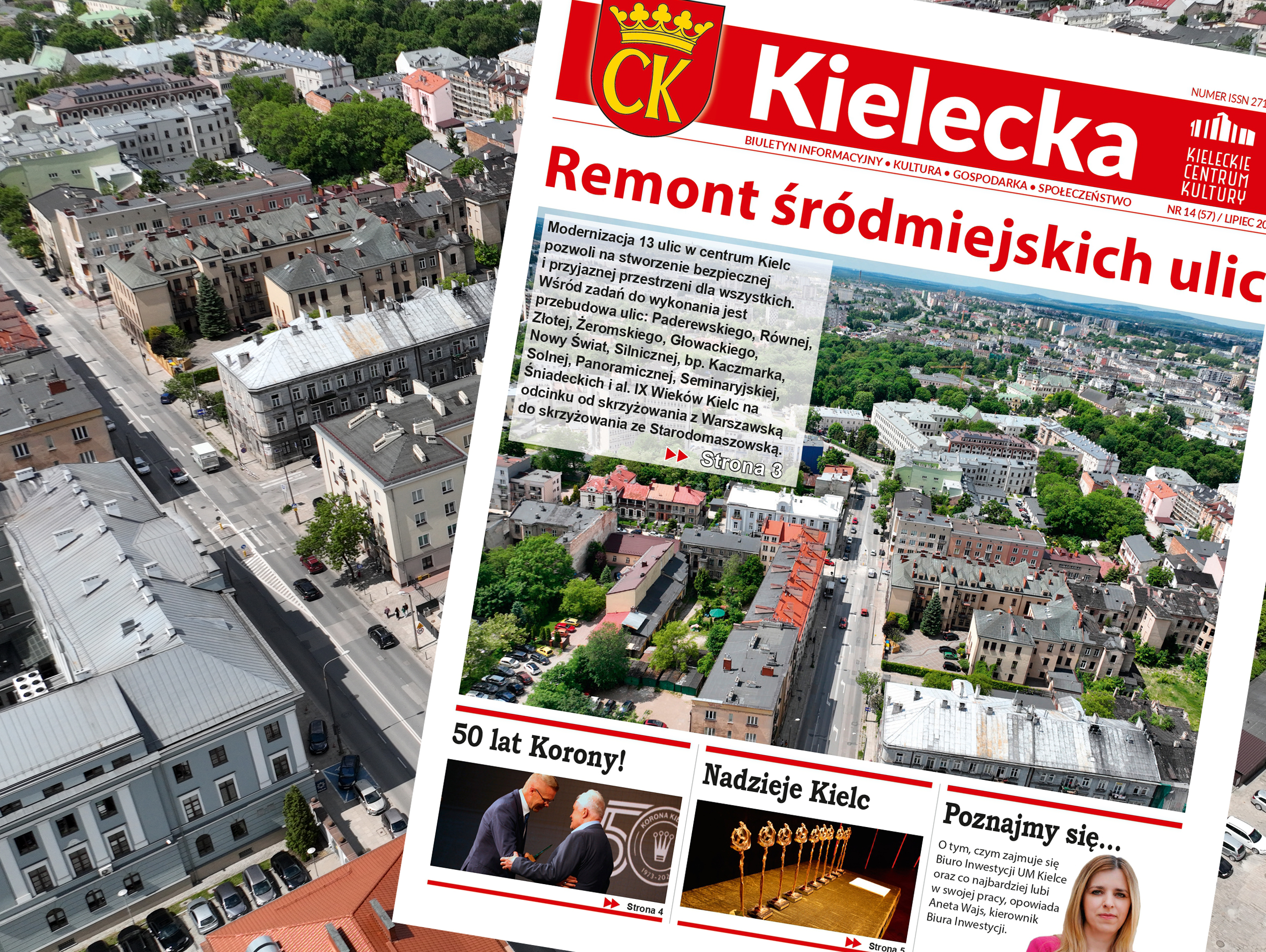 Grafika z pierwszą stroną biuletynu "Kielecka" na tle zdjęcia centrum Kielc z lotu ptaka