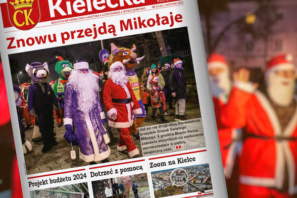 Pierwsza strona biuletynu "Kielecka" na tle zdjęcia Mikołaja
