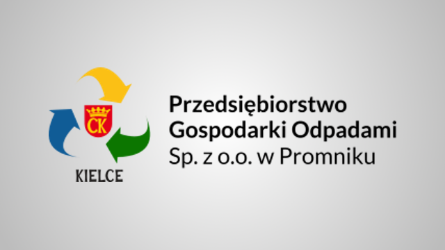 grafika; logo Przedsiębiorstwa Gospodarki Odpadami;
w środku herb Kielc, wokół niego trzy strzałki