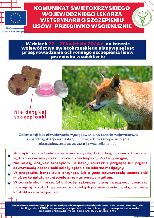 plakat informacyjny z komunikatem nt. szczepienia lisów