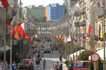 ulica udekorowana flagami z okazji Światowych Letnich Igrzysk Polonijnych w 2013 r.